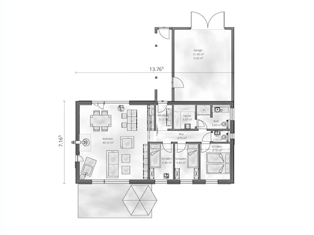 Fertighaus Haus Meyer von Gebrüder Noack Holzbau Schlüsselfertig ab 310000€, Bungalow Grundriss 1