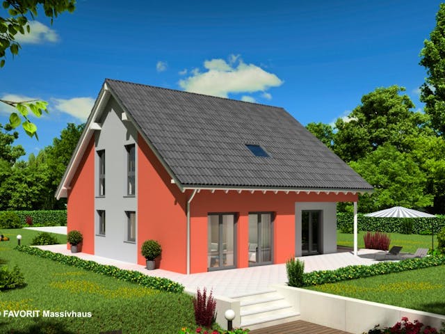 Massivhaus Noblesse 153 von FAVORIT Massivhaus Schlüsselfertig ab 347400€, Satteldach-Klassiker Außenansicht 1