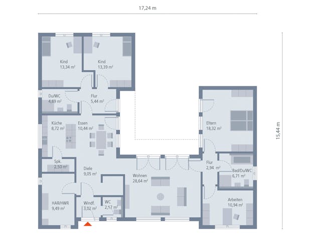 Fertighaus Bungalow 5 Flachdach von OKAL Haus Schlüsselfertig ab 553900€, Bungalow Grundriss 1 Fertighaus Bungalow 5 Flachdach von OKAL Haus Schlüsselfertig ab 553900€, Bungalow Grundriss 1