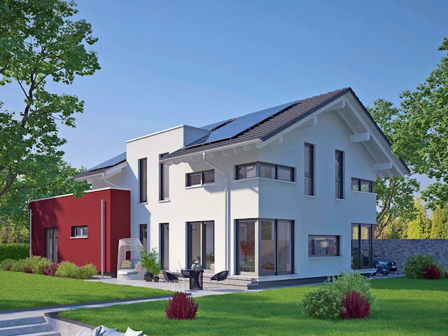 Fertighaus Musterhaus Estenfeld von OKAL Haus Schlüsselfertig ab 686900€, Satteldach-Klassiker Außenansicht 1