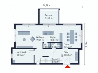 Fertighaus Musterhaus Villingen-Schwenningen von OKAL Haus Schlüsselfertig ab 512900€, Satteldach-Klassiker Grundriss 1