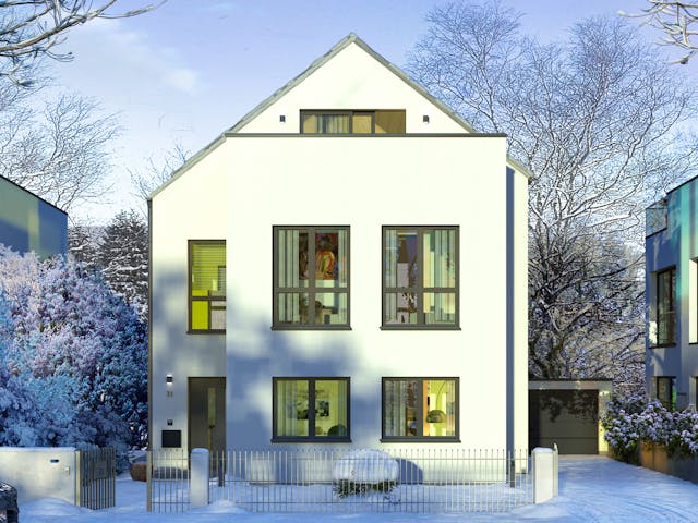 Fertighaus TownHouse 13.2 Satteldach von OKAL Haus Schlüsselfertig ab 605900€, Satteldach-Klassiker Außenansicht 1