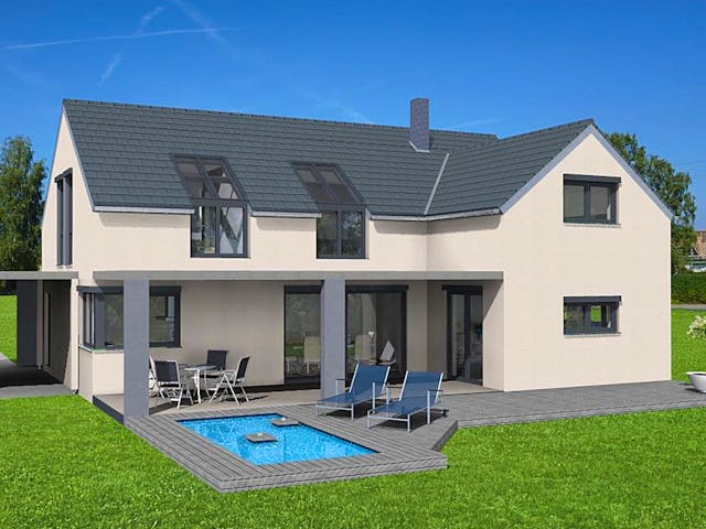 Massivhaus Haus Garda von Planus Hausbaumanagement, Satteldach-Klassiker Außenansicht 1
