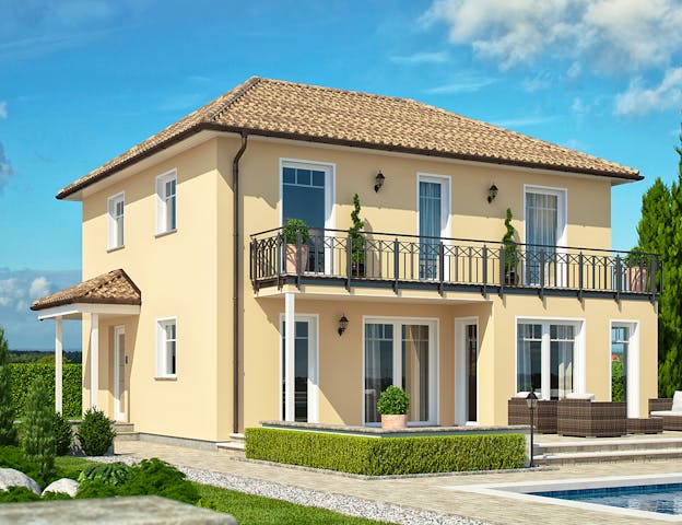 Terrakottafarben, Veranda, flaches Walmdach – fertig ist die Toskanavilla von RENSCH-HAUS