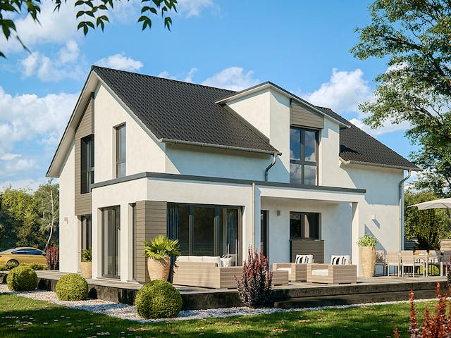 Fertighaus Life 158 von RENSCH-HAUS Schlüsselfertig ab 419488€, Satteldach-Klassiker Außenansicht 1