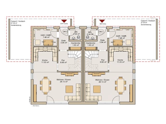 Fertighaus Doppelhaushälfte 38-119-125 von Rheno-HausBau Schlüsselfertig ab 371740€, Satteldach-Klassiker Grundriss 1