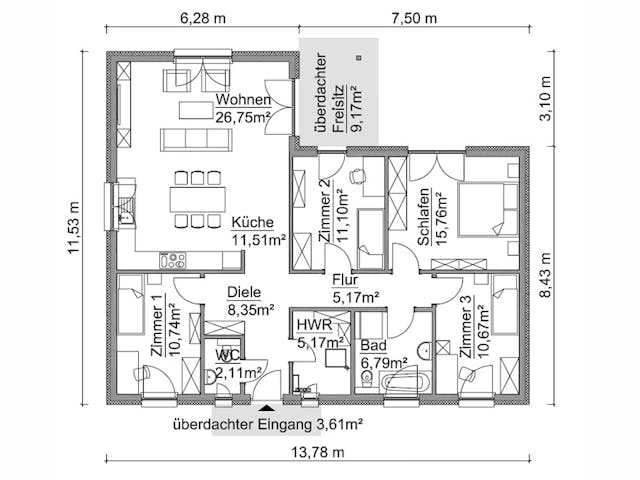 Fertighaus SH 115 WB XXL Var. B von ScanHaus Marlow, Bungalow Grundriss 1