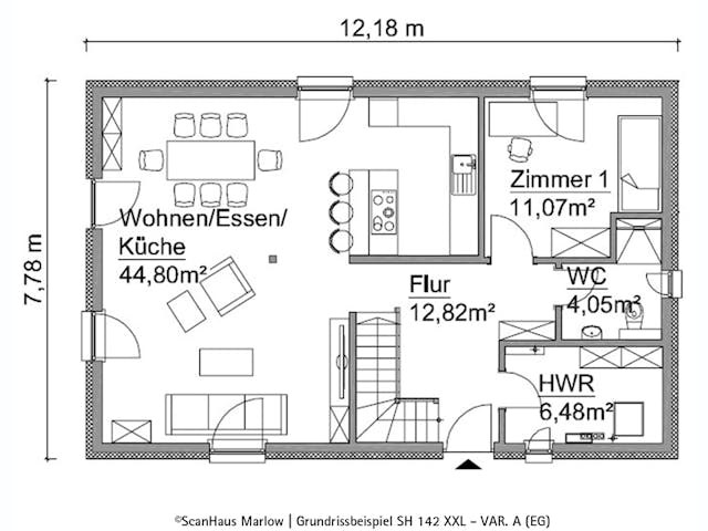 Fertighaus SH 142 XXL - VAR. A von ScanHaus Marlow, Satteldach-Klassiker Grundriss 1