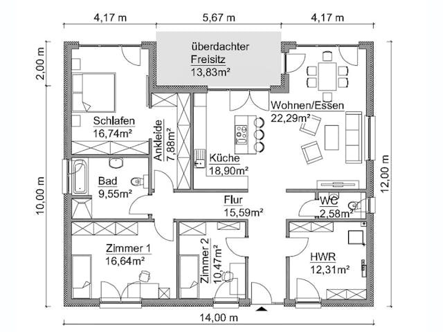 Fertighaus SH 146 B von ScanHaus Marlow, Bungalow Grundriss 1