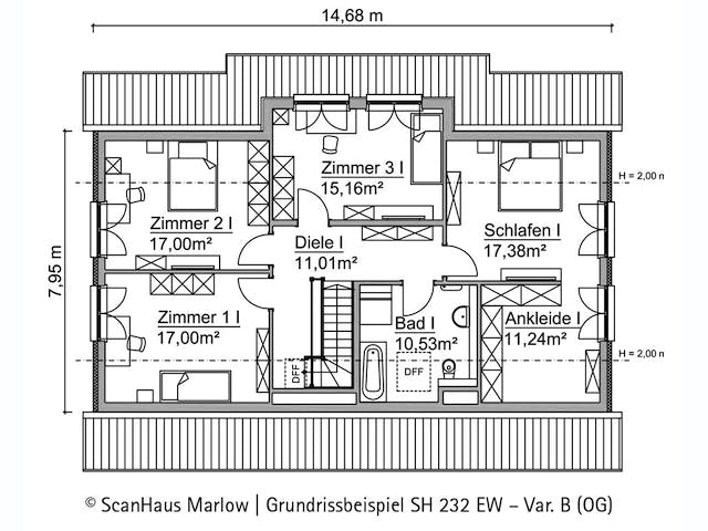 Fertighaus SH 232 EW Var. B von ScanHaus Marlow, Satteldach-Klassiker Grundriss 2