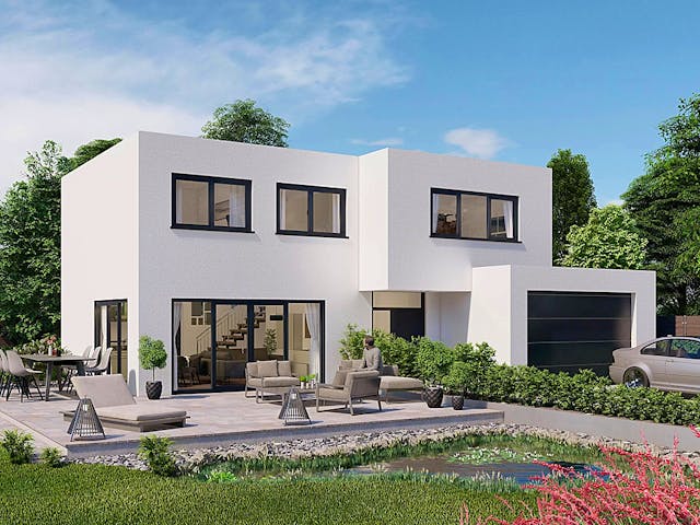 Massivhaus Flachdachhaus Cube-Line 75 von Schneider Massivhaus, Cubushaus Außenansicht 1 Massivhaus Flachdachhaus Cube-Line 75 von Schneider Massivhaus, Cubushaus Außenansicht 1