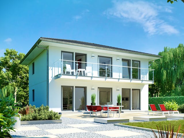 Fertighaus E 20-148.4 - Stadtvilla mit großem Balkon von SchwörerHaus - Österreich Schlüsselfertig ab 387420€, Außenansicht 1