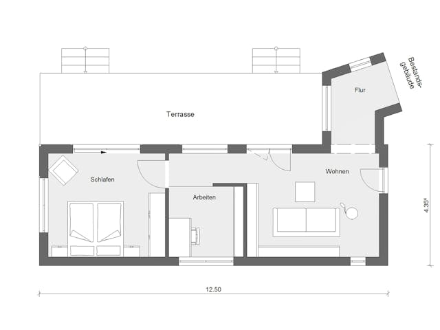 Fertighaus F 10-043.13 - Wohnmodul FlyingSpace als Anbau von SchwörerHaus Schlüsselfertig ab 188997€, Bungalow Grundriss 1