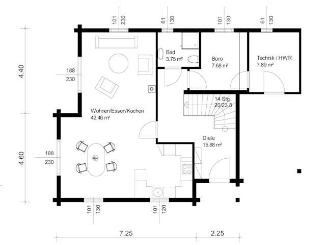 Blockhaus Siglingen von Rems-Murr-Holzhaus Ausbauhaus ab 274728€, Satteldach-Klassiker Grundriss 1
