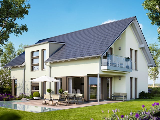 Fertighaus SOLUTION 204 V2 L von Living Fertighaus Schlüsselfertig ab 574055€, Satteldach-Klassiker Außenansicht 1