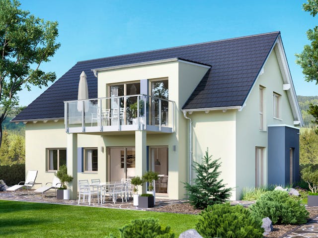 Fertighaus SOLUTION 204 V3 L von Living Fertighaus Schlüsselfertig ab 489984€, Satteldach-Klassiker Außenansicht 1