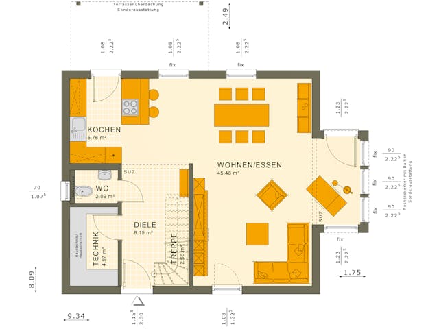 Fertighaus SOLUTION 124 V3 von Living Fertighaus Ausbauhaus ab 92350€, Satteldach-Klassiker Grundriss 1