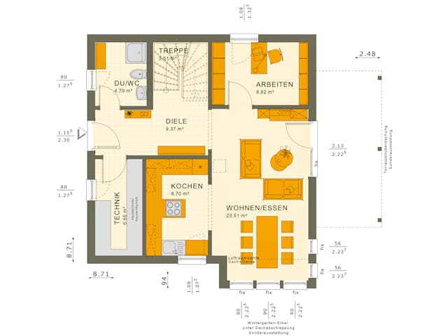 Fertighaus SOLUTION 125 V3 von Living Fertighaus Ausbauhaus ab 92027€, Satteldach-Klassiker Grundriss 1