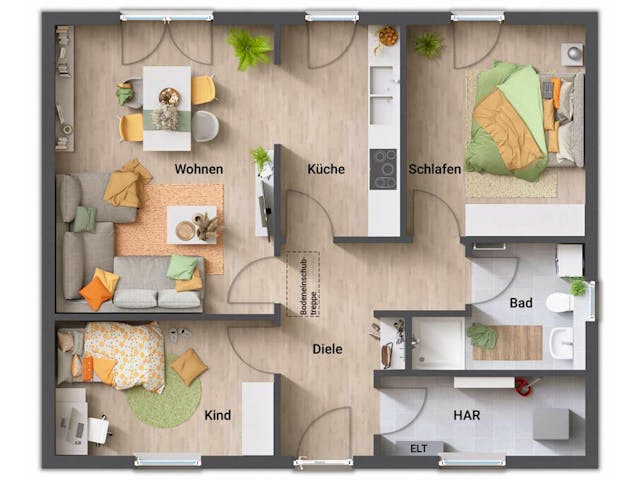Massivhaus Bungalow 78 von Town & Country Haus Deutschland Schlüsselfertig ab 176650€, Bungalow Grundriss 1