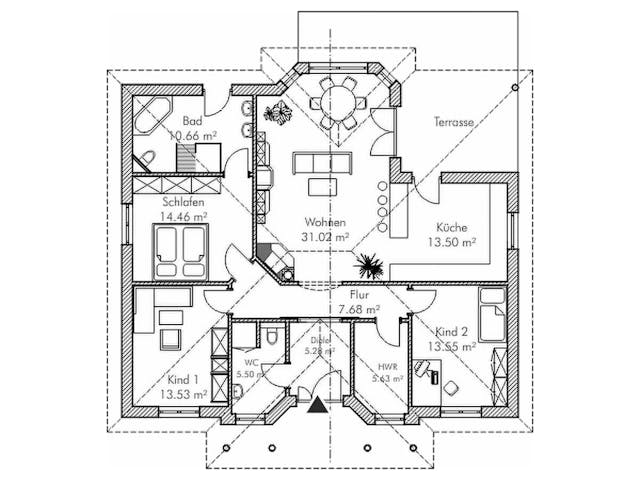 Massivhaus Bungalow W_120 von VARIODOMO Bausysteme Schlüsselfertig ab 313480€, Bungalow Grundriss 1