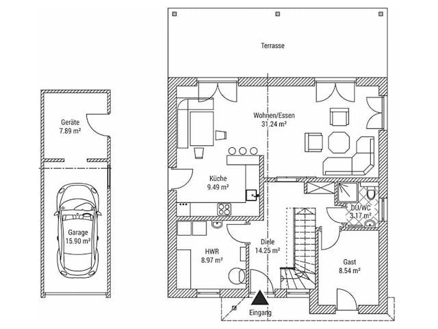 Massivhaus Stadtvilla V_149 von VARIODOMO Bausysteme Schlüsselfertig ab 324700€, Stadtvilla Grundriss 1