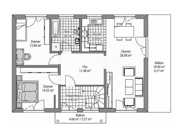 Massivhaus Zweifamilienhaus R_163 von VARIODOMO Bausysteme Schlüsselfertig ab 462300€, Satteldach-Klassiker Grundriss 2