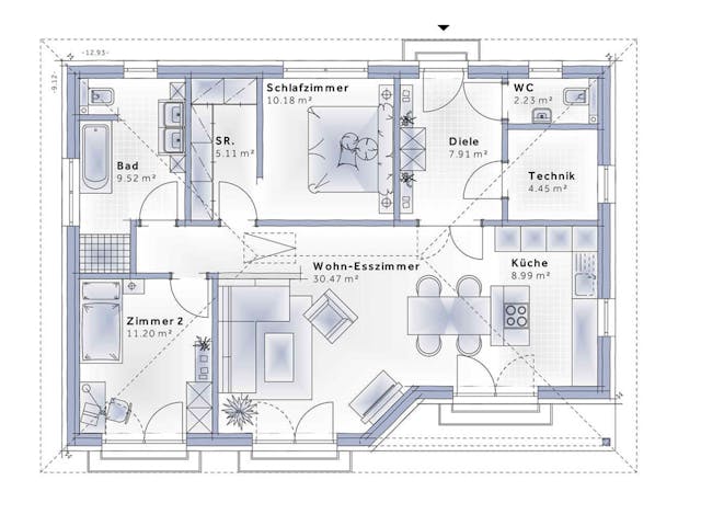 Fertighaus Bungalow Compact Small von Vario-Haus - Deutschland Schlüsselfertig ab 314280€, Bungalow Grundriss 1