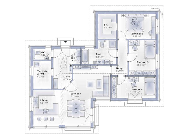 Fertighaus Bungalow Lumia von Vario-Haus - Deutschland Schlüsselfertig ab 392820€, Bungalow Grundriss 1