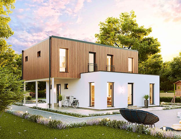 Beispielhaus als modernes Holzhaus: Kubisches Fertighaus mit einer aktuellen Holz- und Putzfassadenkombination von Vario-Haus
