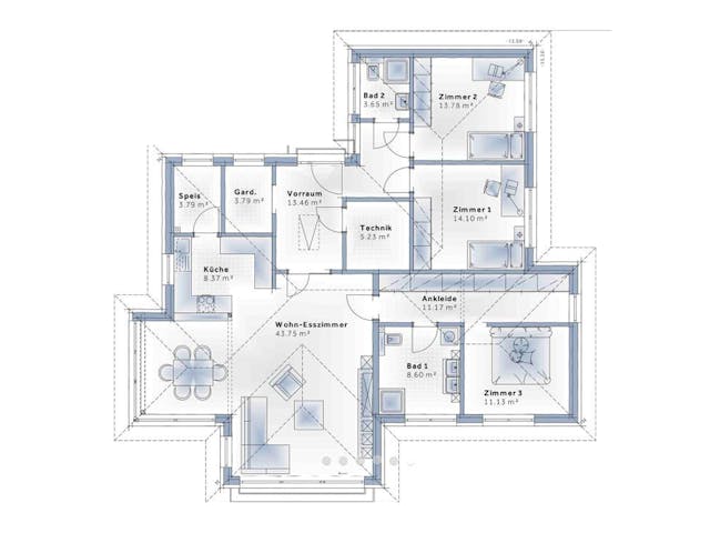 Fertighaus Bungalow S141 mit Einliegerwohnung von Vario-Haus - Deutschland Schlüsselfertig ab 442390€, Bungalow Grundriss 1