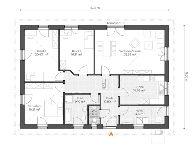 Massivhaus Bungalow V145 von Virtus Massivhaus Schlüsselfertig ab 226500€, Bungalow Grundriss 1