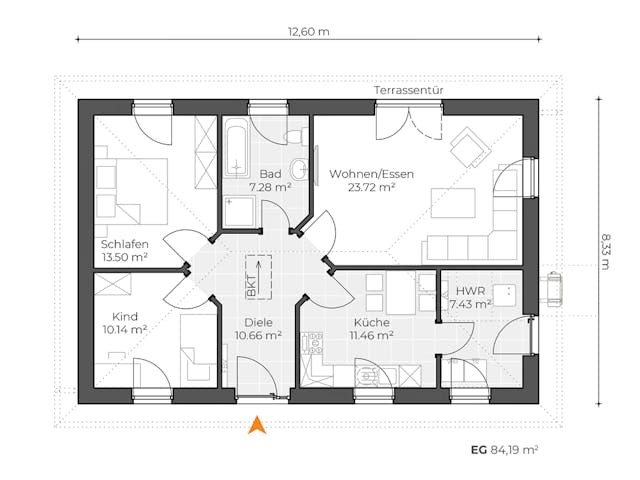 Massivhaus Bungalow V90 von Virtus Massivhaus Schlüsselfertig ab 172900€, Bungalow Grundriss 1