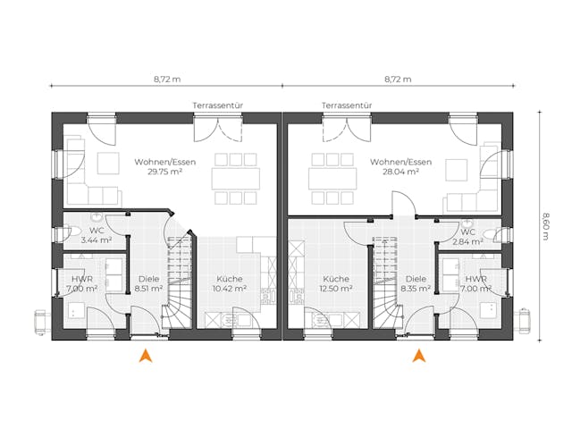 Massivhaus Doppelhaus V120 von Virtus Massivhaus Schlüsselfertig ab 192500€, Satteldach-Klassiker Grundriss 1 Massivhaus Doppelhaus V120 von Virtus Massivhaus Schlüsselfertig ab 192500€, Satteldach-Klassiker Grundriss 1