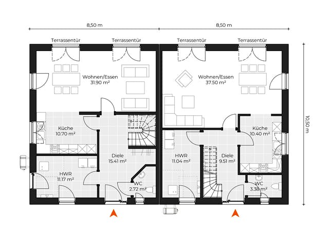 Massivhaus Doppelhaus V150 von Virtus Massivhaus Schlüsselfertig ab 222900€, Stadtvilla Grundriss 1