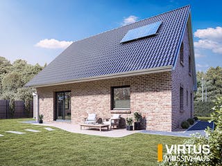 Massivhaus Einfamilienhaus V150 von Virtus Massivhaus Schlüsselfertig ab 227200€, Satteldach-Klassiker Außenansicht 2
