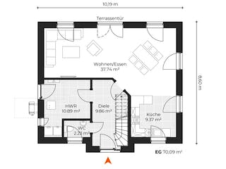 Massivhaus Friesenhaus V140 von Virtus Massivhaus Schlüsselfertig ab 226500€, Satteldach-Klassiker Grundriss 1