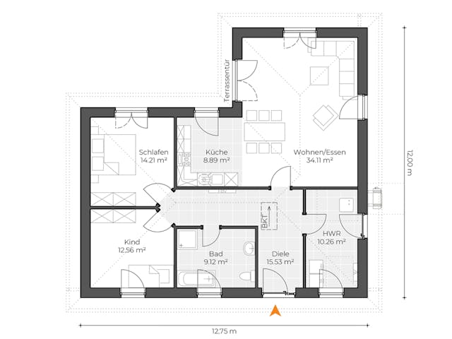 Massivhaus Winkelbungalow V105 von Virtus Massivhaus Schlüsselfertig ab 197900€, Bungalow Grundriss 1