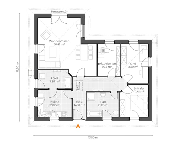 Massivhaus Winkelbungalow V115 von Virtus Massivhaus Schlüsselfertig ab 210500€, Bungalow Grundriss 1
