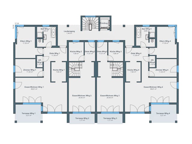 Fertighaus Mehrfamilienhaus mit 8 Wohnungen von WeberHaus - Mehrfamilienhäuser, Satteldach-Klassiker Grundriss 1