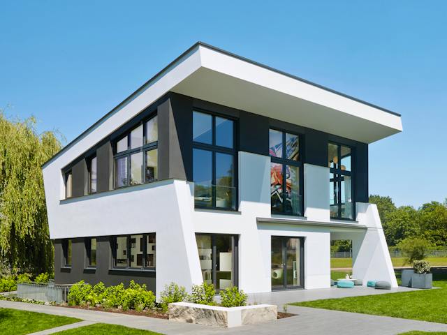 Fertighaus Ausstellungshaus Rheinau-Linx Jubiläumshaus von WeberHaus Schlüsselfertig ab 695000€, Pultdachhaus Außenansicht 1
