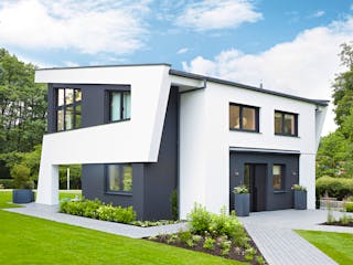 Fertighaus Ausstellungshaus Rheinau-Linx Jubiläumshaus von WeberHaus Schlüsselfertig ab 695000€, Pultdachhaus Außenansicht 2