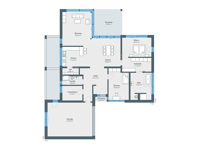 Fertighaus Ausstellungshaus Mannheim Bungalow von WeberHaus Schlüsselfertig ab 535000€, Bungalow Grundriss 1