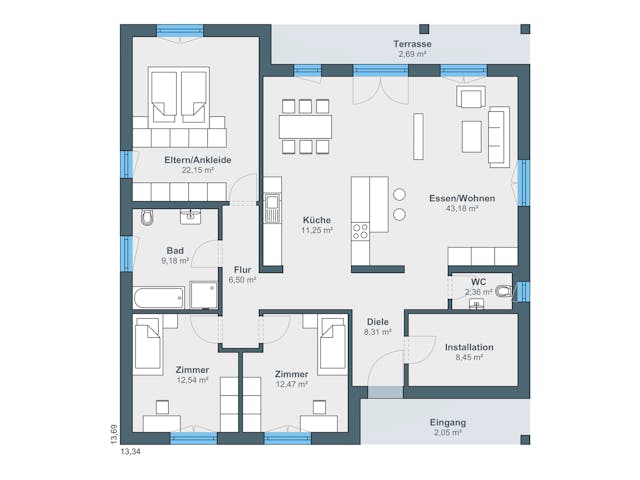 Fertighaus Kundenhaus myLife 402 von WeberHaus Schlüsselfertig ab 401800€, Bungalow Grundriss 1