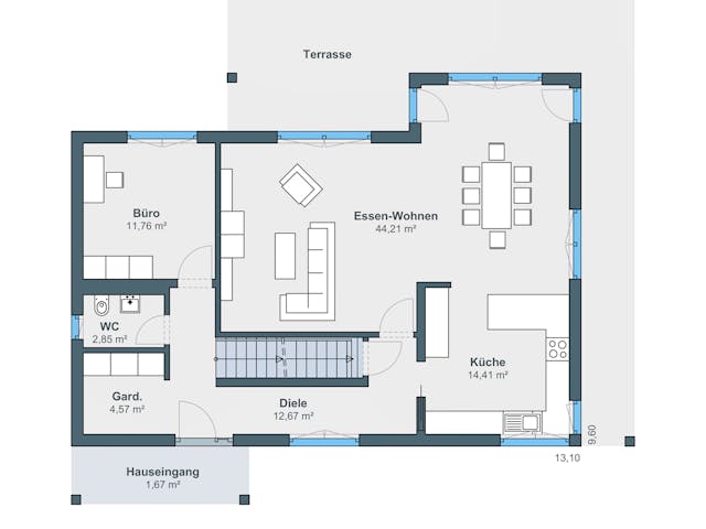 Fertighaus Kundenhaus Reiter sunshine 310 von WeberHaus Schlüsselfertig ab 360560€, Satteldach-Klassiker Grundriss 1
