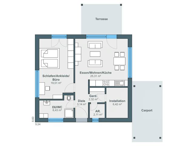 Fertighaus newLife Bungalow von WeberHaus Schlüsselfertig ab 231898€, Bungalow Grundriss 1
