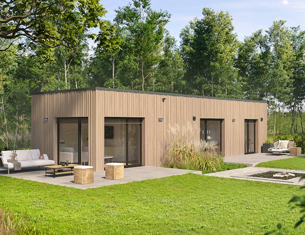 Modernes Modulhaus mit großen Fenstern