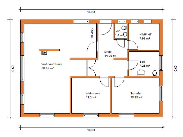 Massivhaus Bunganlow 328 von WEIOTT-Massiv-Haus, Bungalow Grundriss 1