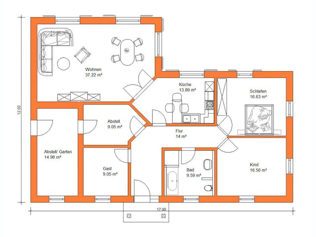 Massivhaus Bunganlow 371 von WEIOTT-Massiv-Haus, Bungalow Grundriss 1